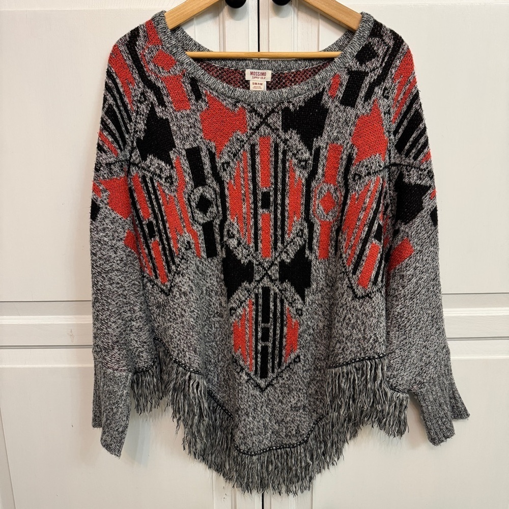 Mossimo Supply Co. Aztec Print Fringe Poncho Sweater - Gray, Red, and Black